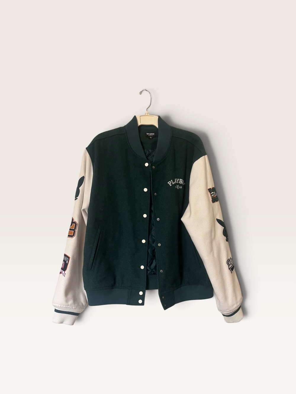 PLAYBOY Contrast-Sleeve Varsity Jacket in Dark Green & Cream